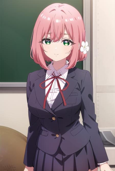 hakarihanazono, <lora:hakari hanazono s1-lora-nochekaiser:1>,
hakari hanazono, short hair, hair ornament, (green eyes:1.3), pink hair, flower, hair flower, smile,
BREAK skirt, shirt, ribbon, school uniform, jacket, white shirt, thighs, pleated skirt, black skirt, red ribbon, neck ribbon, blazer,
BREAK indoors, classroom,
BREAK looking at viewer, (cowboy shot:1.5),
BREAK <lyco:GoodHands-beta2:1>, (masterpiece:1.2), best quality, high resolution, unity 8k wallpaper, (illustration:0.8), (beautiful detailed eyes:1.6), extremely detailed face, perfect lighting, extremely detailed CG, (perfect hands, perfect anatomy),