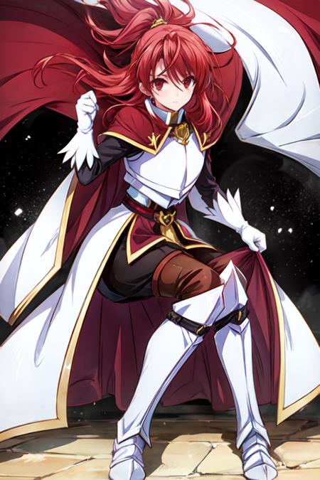 masterpiece, best quality, 1girl, solo,red hair, red eyes,<lora:Lilia-000015:0.7>,white gloves, boots,white footwear, knee boots, breastplate,armor, cape, fight, war, battle, <lora:add_detail:0.8>, <lora:GoodHands-beta2:1>