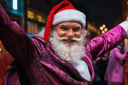 cinematic photo (((Santa Claus))) dancing in the street, Moscow, smile, looks at camera, discoteque, freedom, punk, joy, shot on Hasselblad camera,
Artists
Christian LacroiÑ,
Walter Van Beirendonck,
Jean Paul Gaultier,
Vivienne Westwood,
Flavors
Decopunk (51.53%),
Rococopunk (19.31%),
Steelpunk (9.42%),
mannerpunk (3.58%),
Steampunk (1.44%),
Movements
maximalism (1.42%),
toyism (3.27%),
neoism (1.82%),
harlem renaissance (82.38%),
kitsch movement (0.91%),
Tags
living-clothes (6.77%),
feminization (8.79%),
exposed-clothing (37.46%), 
crossdressing (6.06%),
western-imageset (4.84%),, award winning photo, high quality photography, 4k, hd, sharp focus, high resolution, wide dynamic range, natural skin texture,detailed skin,pores,extreme skin details, perfect hands, perfect arms, perfect fingers, neat fingers, ziprealism . 35mm photograph, film, bokeh, professional, 4k, highly detailed