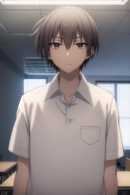 ayumuaikawa, <lora:ayumu aikawa s2-lora-nochekaiser:1>,
ayumu aikawa, short hair, grey hair, (brown eyes:1.3), male focus,
BREAK short hair, shirt, white shirt, collared shirt, pants,
BREAK indoors, classroom,
BREAK looking at viewer, (cowboy shot:1.5),
BREAK <lyco:GoodHands-beta2:1>, (masterpiece:1.2), best quality, high resolution, unity 8k wallpaper, (illustration:0.8), (beautiful detailed eyes:1.6), extremely detailed face, perfect lighting, extremely detailed CG, (perfect hands, perfect anatomy),