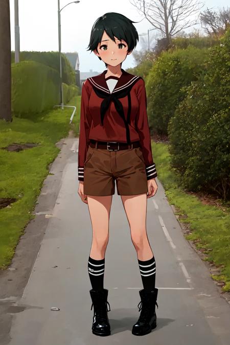 <lora:MogamiKancolle_V10:1>, 1girl ,solo,
mogami \(kancolle\),
school uniform, serafuku, brown shirt, black neckerchief, belt, brown shorts, kneehighs, black socks, black footwear, boots, 
outdoors,