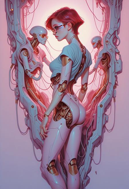 cinematic shot, strong backlighting, ethereal vibes,
 0010011_illu,  ArsMJStyle, Colored pencil hyperdetailed realism, masterpiece, very awa, amazing quality, best quality, 
creative concept, very aesthetic, (digital painting artwork,:0.5) 
1girl, tomie kawakami, solo, full body, short hair, simple background, golden eyes, red hair, short twist hair, short sleeves, open clothes, from front, profile, glasses, robot, science fiction,  golden and silver background, cable, joints, robot joints, mechanical parts, pale blue and pale pink theme, cyberpunk, limited palette,