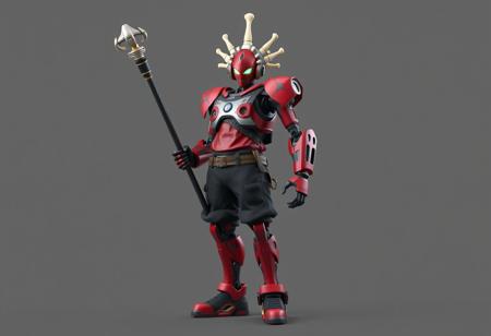 Create a highly detailed, lifelike 3D render of a robot wearing a bone crown and holding a staff, inspired by Jiro Yoshihara's style. The robot should be dressed in casual streetwear with a red and black paint scheme. Incorporate the golden ratio in the composition. # Context Generation Use Boku no Hero Academia as a reference for the hero action pose and incorporate elements of streetwear fashion. Consider the work of Fan Qi and the aesthetics of badgers. # Output Format Produce a 4K resolution image with a gray background, rendered in Unreal Engine 5 using Octane Render. The output should be in the style of ArtstationHD, with a focus on luminous details. # Examples [Input] Robot wearing a bone crown and holding a staff, with a red and black paint scheme. [Output] A highly detailed, lifelike 3D render of the robot in a hero action pose, with a focus on streetwear fashion and the golden ratio.