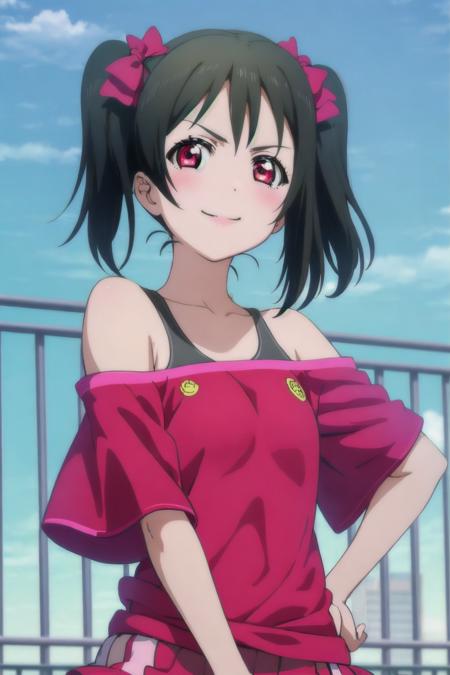 best quality, masterpiece ,portrait, close-up, yazawa nico, black hair, red eyes, short twintails, red bow, flat chest, red top, off shoulder, sports bra, training oufit, looking at viewer,smile, outdoors, rooftop,
<lora:Kizuki - Love Live - Yazawa Nico:0.75>