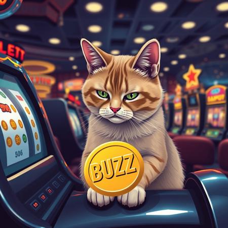 A sad cat sitting playing on a slot machine with the word jackpot and many lights in a casino seeing that only one gold coin fell that says BUZZ