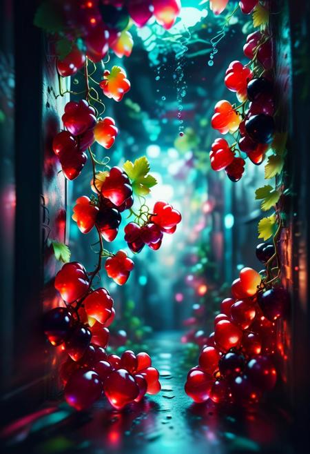8k analog photo, Clusters of transparent red grapes are growing on the vine, graffiti-style ink splashes and a mix of colors reminiscent of street art grape, minimalist,