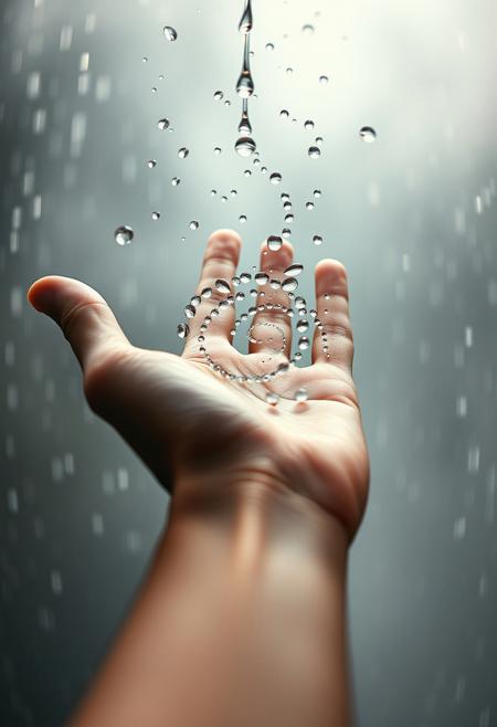 A moment of stillness—an outstretched hand catching raindrops, but the drops form an infinite fractal spiral as they touch the skin. soft ethereal lighting, delicate pastel tones, surreal shifting geometry, impossible reflections, dreamlike and poetic atmosphere, minimal yet intricate, organic beauty meets mathematical illusion