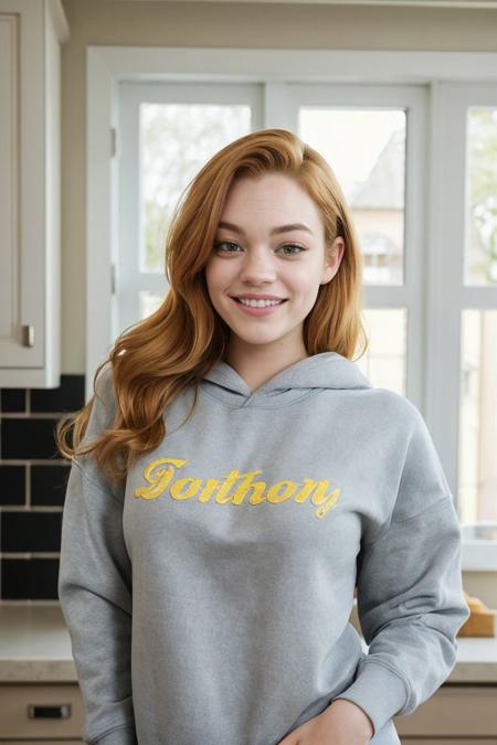 headshot of S748_CelesteRasmussen,a gorgeous woman,in a (kitchen),wearing a (sweatshirt),(smiling),(blonde hair),(RAW photo, best quality, 50mm, depth of field, ultra high res, intricate, photorealistic, cinematic-shot, masterpiece, ultra-detailed),