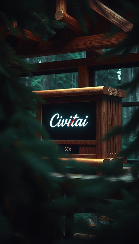 masterpiece of photography, dyanimic framing, an incredible image,In a rustic cabin nestled deep within a dense forest, a unique creation stands proudly - a wooden computer meticulously crafted from local timber. The exterior is adorned with delicate pine needles, blending seamlessly with nature's embrace. At its core, the name "Civitai" gleams on a digital display, etched in elegant script.  The logo of this innovative entity features bold letters of "XXX", yet these symbols are crossed by a resolute red slash, symbolizing defiance and nonconformity. This creation is not just a technological marvel but a statement of individuality and rebellion against societal norms.,
