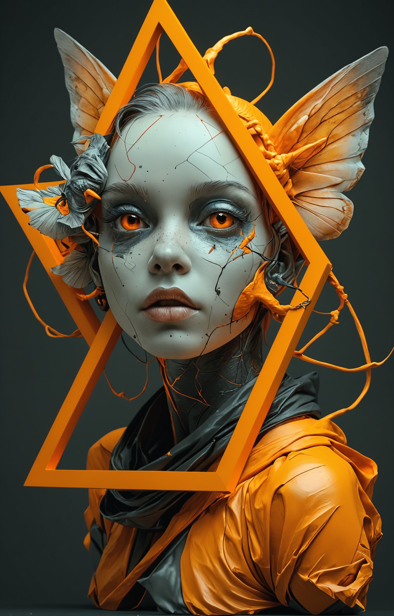 photography in the style of detailed hyperrealism ,cinematic composition,a black and neon orange cherubim,Alberto Seveso,c...