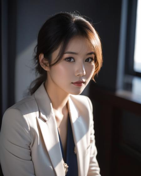 (Asian:0.5),
A woman poses,suit, indirect lighting,looking at viewer,