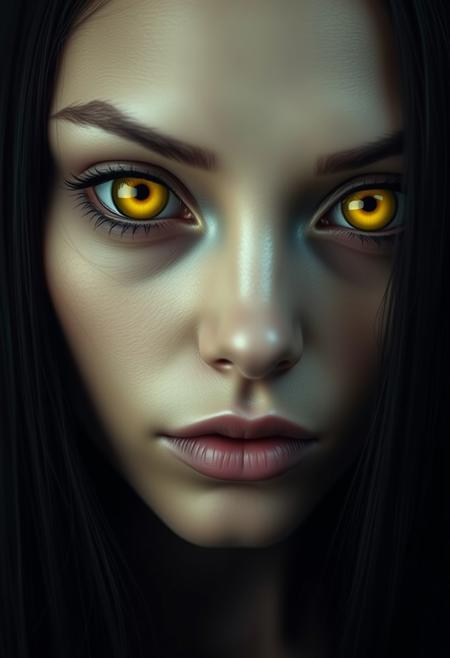 Photographic portrait of a beautiful alien woman with solid yellow sclera eyes, pupil-less, no iris, long straight black hair.