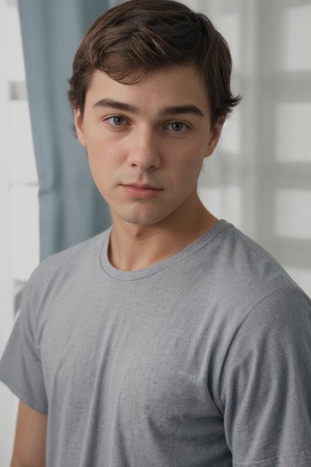 intimate closeup face portrait photo of justin_owen <lora:justin_owen-07:0.75> wearing a classic Heather Gray with Navy Blue Trim ringer t-shirt, tight framing on the face, soft, diffused lighting, dreamy feel, simple backdrop, textured curtain, introspective mood, contemplative