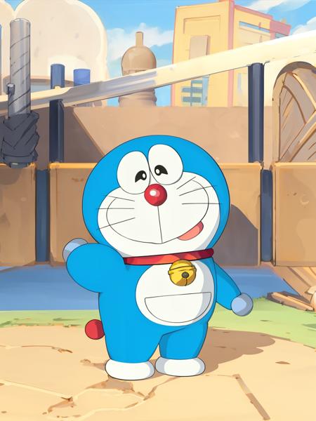 doraemon, blue,neck bell,close mouth, standing, collar, whiskers, male focus, full body, no humans, black eyes,  jingle bell, masterpiece, best quality, <lora:doraemon-V2:1>