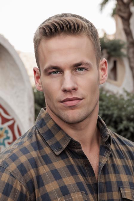 RAW Photo, photo of man matthew_rush posing in plaid shirt with blond hair Park Gell, <lora:matthew_rush-03:0.8>, brightly lit, natural lit, detailed