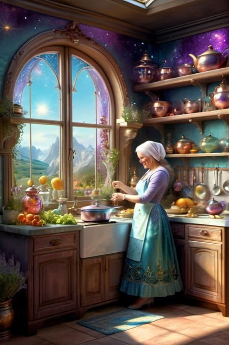 , <lora:DonMC3l3st14l3xpl0r3rsXL:1> DonMC3l3st14l3xpl0r3rsXL,      
use magical, whimsical, fairytale, fantasy, A highly detailed mother in her kitchen preparing meal, window sunny day, happy, smiling,
