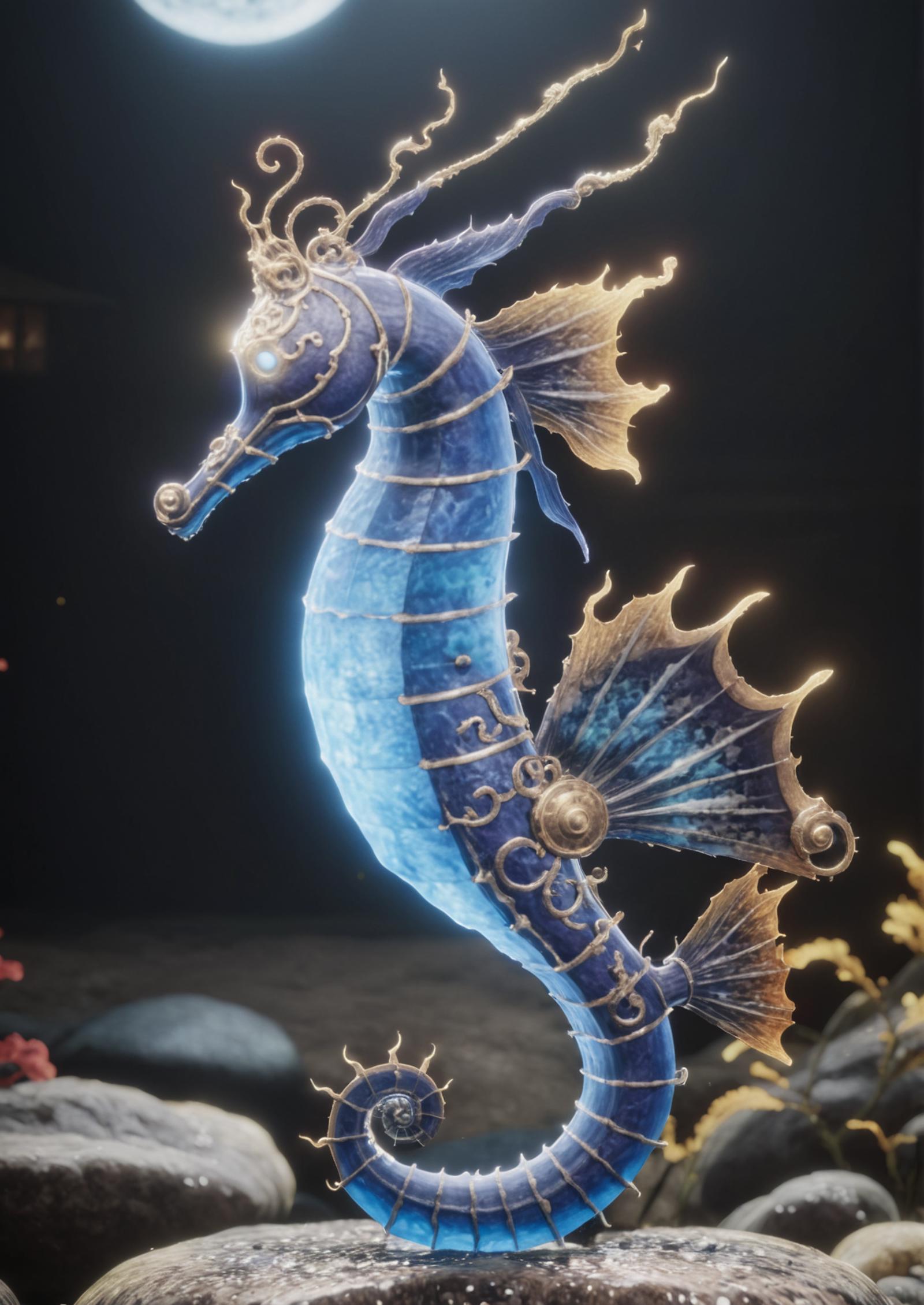 Glowing Blue Fish Sculpture with Gold Decorations on Tail