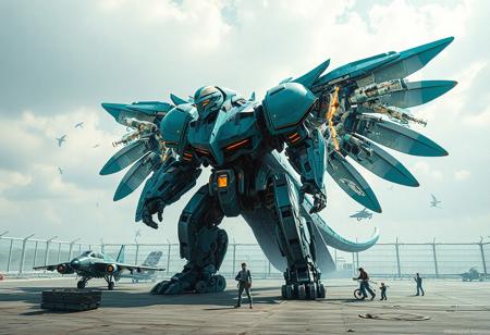 "Create an elaborate, high-quality vector art of a Metal Guardian, adhering to the golden ratio and the optimus sun orientation. The guardian should have a robust, stocky body with two pairs of wings, showcasing a teal gradient. Present it in an 8k panorama shot, with exploded parts assembly emphasizing micro details and lifelike qualities. Include a family photo of aircraft with varying size differences and a rung, set against a Sacred Defense Barrier backdrop. Apply a 35mm grain filter for an artistic touch, as envisioned by Gediminas Pranckevicius, popular on ArtStation."