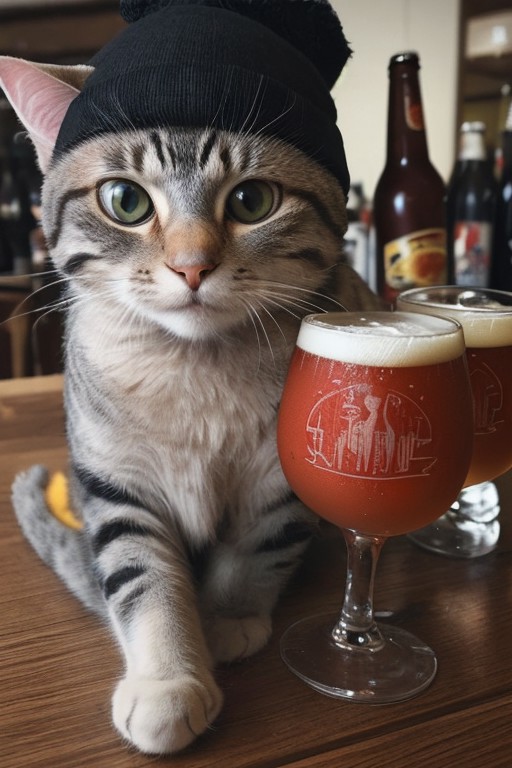 Beer-drinking Cat, Red Beer, Wearing black beanie,