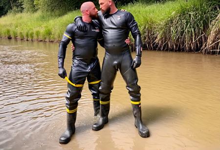 three male fisherman, next to a river, throwing the fishing rod into the water. They have a muscular body,big muscles,chubby,,shaved,young, tall,huge muscles,,  handsome,big bulge. They are wearing a black wetsuit,black rubber long gloves and black chest waders rubber boots with yellow strip. kissing, hugging,lying on the floor,DIRTY RUBBER BOOTS