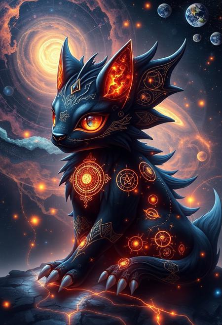 dark cosmic entity, mythological creature, stereotypically cute animal breaking the mold, intricate cosmic symbols inscribed on fur, glowing nebulae in the background, swirling galaxies, black holes, celestial storms, cosmic energy flowing through fur, bioluminescent markings, radiant starlight reflecting off body, glowing eyes with nebulae and stars inside, ethereal and ominous atmosphere, ancient and powerful, intricate arcane symbols, glowing constellations floating around, tendrils of energy, glowing orbs orbiting, dynamic celestial trails, dark flowing fur with void-like textures, dramatic lighting, stardust emanating from paws, planetary rings subtly incorporated, celestial map in the background, mythological symbolism, glowing cracks in the ground beneath, soft glow interacting with environment, surreal cosmic horror, ancient galactic being, omnipotent yet grounded in reality, cosmic deity-like presence, high resolution, ((masterpiece))