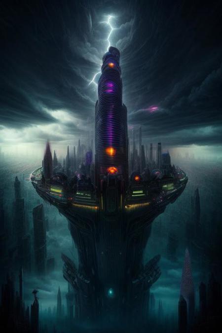Futuristic city in clouds, floating city, stormy, lightning, endtimes, dark, masterpiece, extremely detailed, hyperdetailed, fantasy, futurustic, psychadelic, trippy, epic, biblical scale, FanLan, Topnotch Artstyle