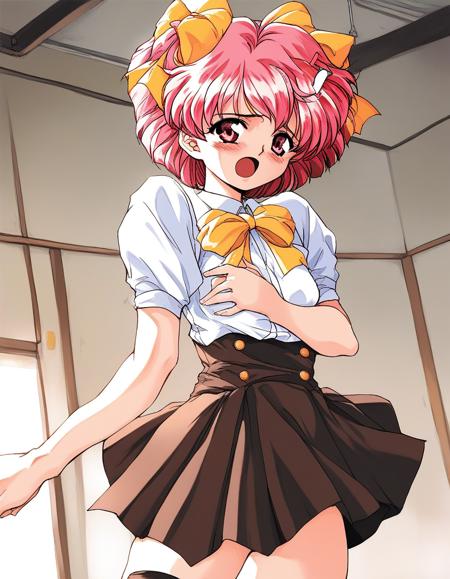 MoriyamaYuka, pink hair, pink eyes, bow, hair ornament, small breasts