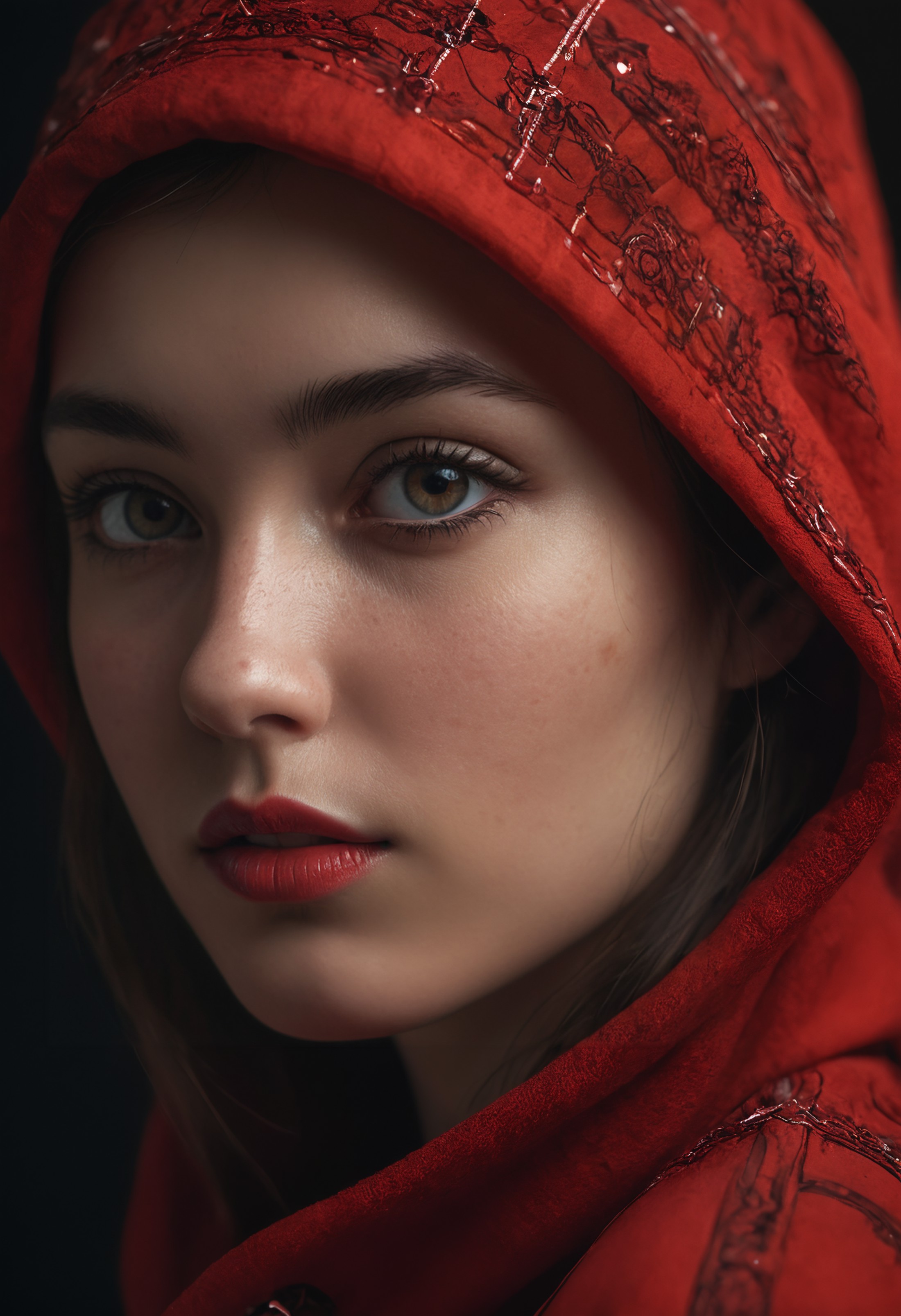 extreme Close-up portrait of a mysterious girl in red clothing, alluring, sexy pose, amazing shallow depth, (dramatic ligh...