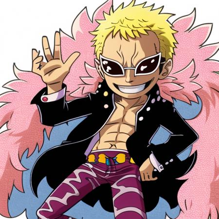 1boy, doflamingo, boa_coat, smile, teeth, veins, sunglasses, blonde_hair, chibi <lora:Doflamingo:0.9>