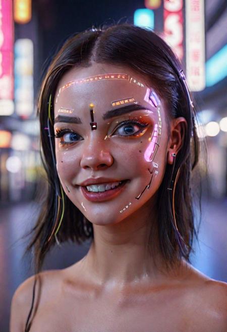 Visualize a professional, (Utopia,city:1.5), (Smile:1.5),high-resolution, mid-body portrait that brings to life the nuanced realism of a young woman with Android characteristics (with a car ((Toyota Calya)):1.0), amidst the distinct ambiance of a Utopia city. This photograph, captured with an advanced digital SLR camera, is renowned for its exceptional detail resolution and depth of field capabilities. Special attention is given to the woman's skin and eyes, aiming for an unparalleled level of realism that highlights the texture of her skin and the depth of her eyes, making them the focal points of the composition. The wide aperture setting ensures the subject is crisply in focus, with the city's neon-infused backdrop beautifully blurred, providing a contrast that accentuates the subject's features. The selection of the scene demands creativity and diversity, moving away from clichd representations to capture unique moments within the cyberpunk setting that are rich in detail and emotion. Advanced lighting techniques are employed to illuminate the skin and eyes vividly, showcasing the interplay of light and shadow that defines the contours and expressions. The aim is to create a portfolio of images that explore a variety of scenarios, expressions, and compositions, each telling its own story of the symbiosis between human and technology in a future world."8k,35mm, fflixdocphoto