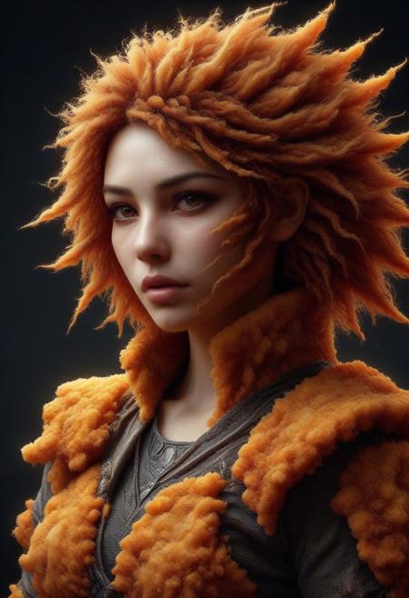 Ultrarealistic. sharp focus, dynamic lighting. play of light, Raytracing, Ultra detailed. (((DFC Style))). A beautiful female samurai warrior wearing an armor made of deep fried & crispy breading. Katana in hand. Cowboy shot. Make up.DFC, skulldog, skull head