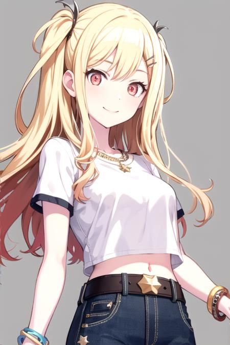 <lora:TenmaSaki-03:0.75>, 10ma_s, 1girl, solo, long hair, looking at viewer, smile, blonde hair, simple background, shirt, hair ornament, red eyes, navel, hair between eyes, jewelry, closed mouth, white shirt, upper body, short sleeves, hairclip, midriff, belt, pants, necklace, star (symbol), bracelet, crop top, denim,