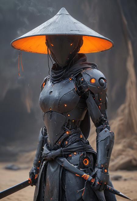 Craft a captivating vibrant dark black-neon caption for a photo capturing the essence of a cyborg Bedouin sorcerer in fight stance, defying expectations by conjuring a whimsical robot 'freak' from an oversized sedge  hat. ethereal, smoky backdrop. throwing a translucent orange/tanslucent purple/black iaidow, weapon, katana, holding sword, ready to draw, sheathed, unsheathing, scabbard,, 
 very detailed, atmospheric haze, Film grain, cinematic film still, shallow depth of field, highly detailed, high budget, cinemascope, moody, epic, OverallDetail, gorgeous, 2000s vintage RAW photo, photorealistic, candid camera, color graded cinematic, eye catchlights, atmospheric lighting, skin pores, imperfections, natural, shallow dof