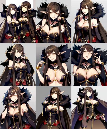 masterpieces,detailed,detailed eyes,mature female,milf, ((white skin)),(pale skin:1,.3),tall female,semiramis \(fate\),black dress, black fur trim, off shoulders,bare shoulders,cleavages,bridal gauntlets, ((masterpiece)) ,<lora:semi-08:1>,(smirk:1.2),black hair,long hair, yellow eyes,pointy ears, (slit pupils)