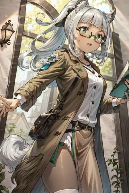 <lora:Ochette:1>, Ochette, 1girl, solo, green eyes, ((brown coat)), glasses, buttons, holding book, ponytail, masterpiece, best quality,