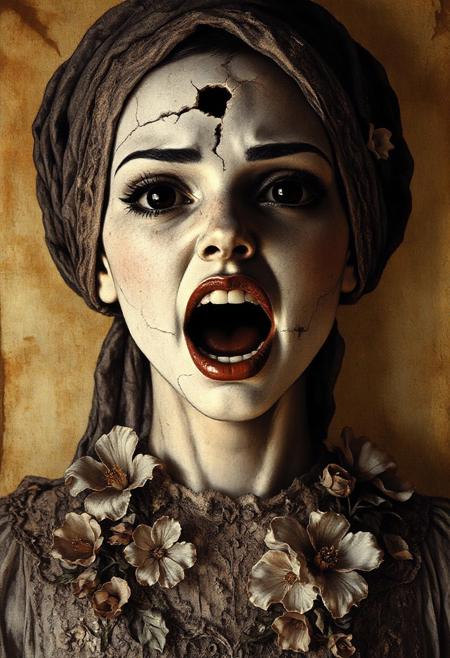 Create an intricately detailed, hyper-realistic portrait of an aging, cracking, and broken Victorian-era porcelain and paper-mache doll depicting a wise woman. A prominent crack with a hole adorns her forehead revealing a subtle glow inside the doll, adding an unsettling and eerie aura to her visage. Her eyes are completely black, resembling deep voids that seem to hold ancient secrets and untold stories. She is set against a backdrop of aged, yellowed parchment, its worn textures complementing her own decaying appearance. Her ornate, Victorian-inspired gown is adorned with delicate, hand-crafted paper flowers, their petals unfolding like tiny, intricate sculptures—some torn and weathered by time. Her mouth is open wide as if screaming.
The overall aesthetic blends Luis Royo's dark, mystical realism with Artgerm's meticulous attention to detail and H.P. Lovecraft's eerie, otherworldly sensibilities. Ambient light casts dramatic shadows across her face, accentuating the aging textures of the paper-mache and the luminous yet cracked porcelain-like skin. The delicate, swirling patterns of the gown's aged embroidery are highlighted, emphasizing the craftsmanship of a bygone era. Wisps of faded lace and frayed edges add to the haunting beauty of the scene. The atmosphere exudes haunting elegance and creeping unease, capturing the duality of beauty and decay in a single, mesmerizing image.