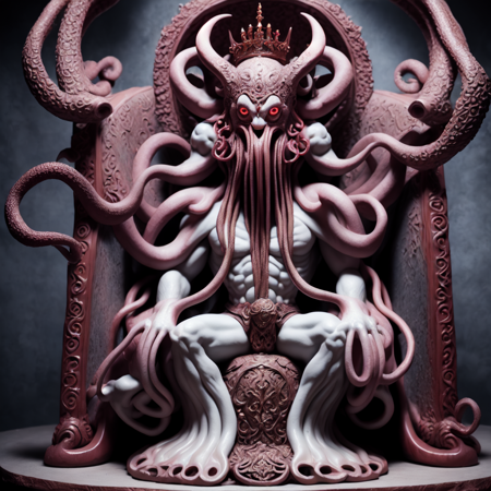 photo, a statue of a demon king octopus sitting on a throne  (undeadking style:1) <lora:djzUndeadKingV21:1>