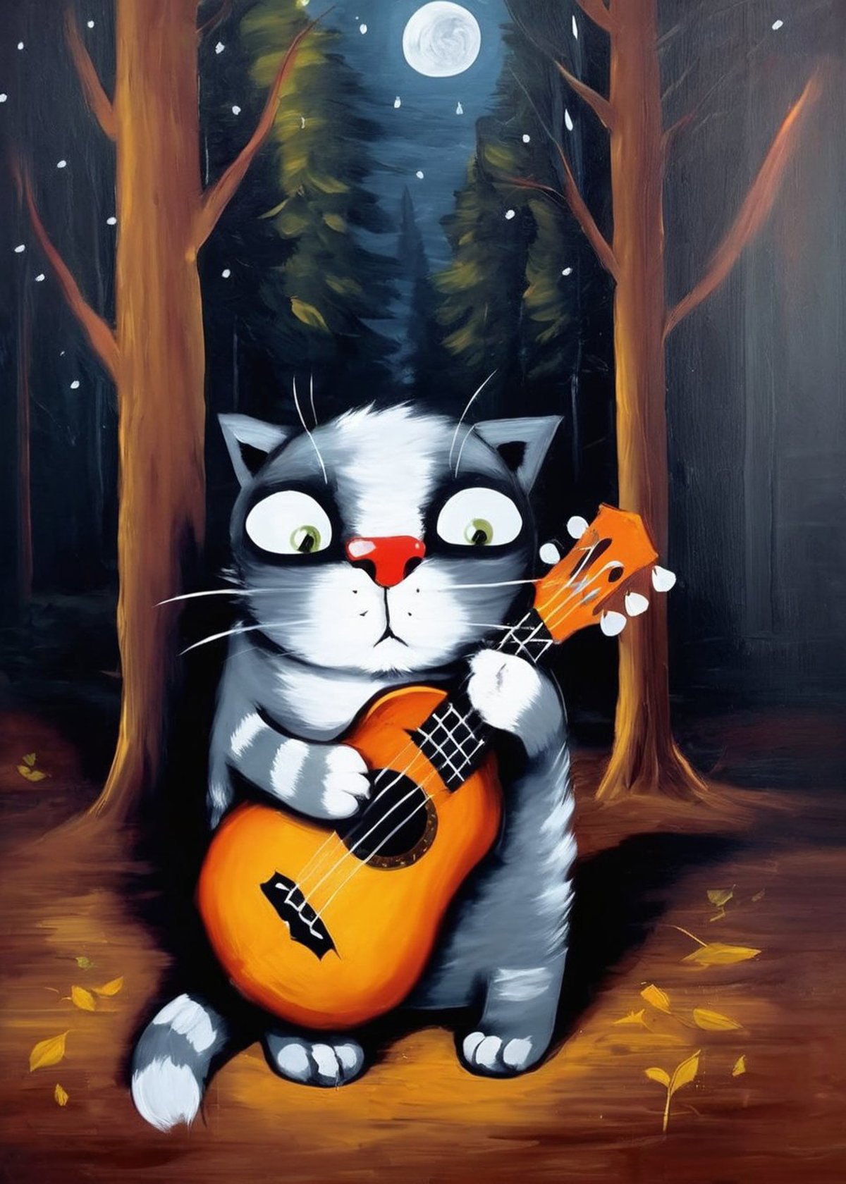 A cat holding a guitar in a forest setting.