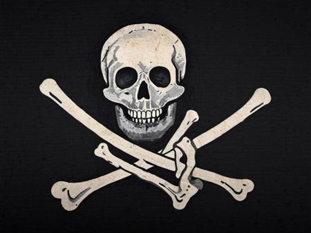 a skull and crossbones, a death's head over crossed bones, black field background, jolly roger