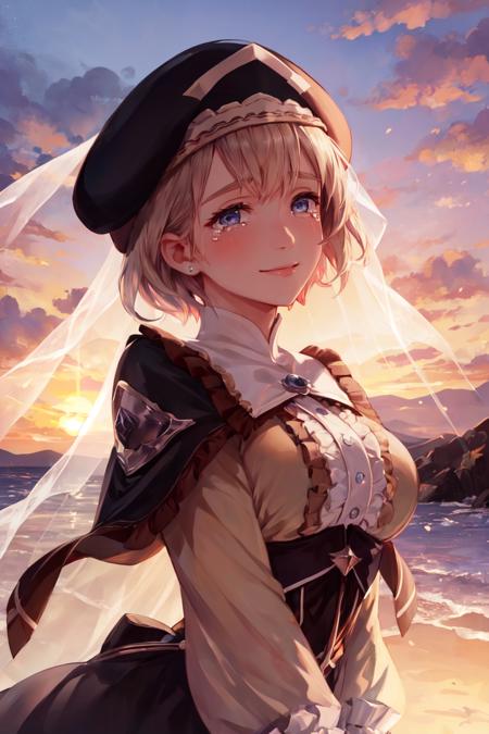 masterpiece, realistic, best quality, mercedes_timeskip, short hair, hat, veil, frilled dress, close-up, sunset, tears in eyes, smile <lora:mercedes-nvwls-v3-000014:0.9>