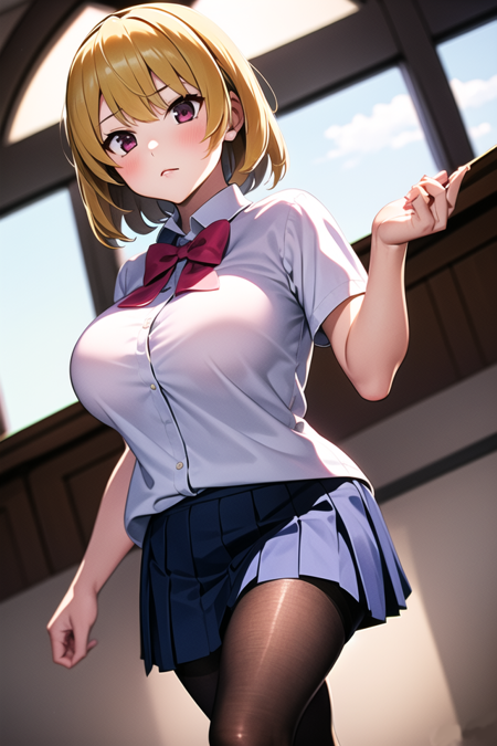 <lora:jksatoko_any3:0.7>,jksatoko,blonde hair,1 girl,solo,best quality, school uniform, blue pleated skirt, white shirt,large breasts,black pantyhose,dynamic pose,Serious, cloudy, ominous, old church