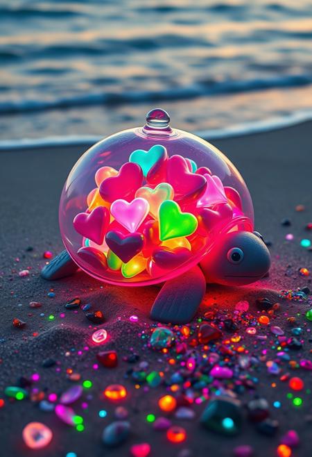 A captivating, surreal artwork by Hans Darias AI, depicting a transparent turtle-shark shaped container filled with vibrant, glowing hearts in various shades of the neon rainbow. The creature is nestled on a sandy beach adorned with neon multicolored, sparkling neon pebbles and neon stones. The gentle waves of the ocean lap at the shoreline in the background, creating a tranquil and dreamy atmosphere.