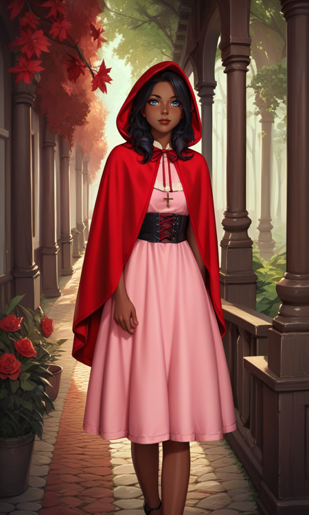 Little Red Riding Hood, 1girl,red capelet,hood,cross-laced clothes