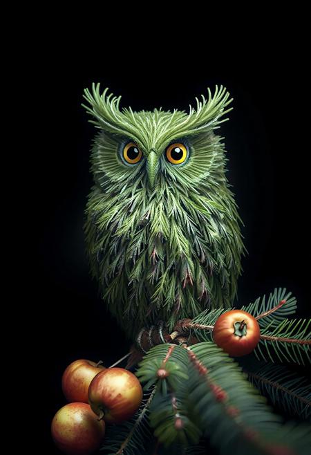 (HD, masterpiece, best quality, ultra detailed), 
(owl:1.1) made out of fir needles, and many apples are begun on the fir tree. fir needles pattern, fir needle style,
no humans, black background, 
depth of field, bokeh, chiaroscuro, cinematic, colorful, realistic, dynamic pose, dynamic angle, masterpiece, intricate details, ultra detailed, 8k, highly detailed, very aesthetic, professional 4k, add-detail-xl <lora:add-detail-xl.safetensors:0.8:0.8>