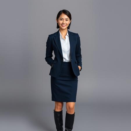 Business woman (ethnicity:Asian, age:30-40, detailed clothing:1.2, accessories:1.1, facial features:1.2, expression:pleasant, body type:slender, pose:standing), wearing a navy blue blazer and skirt suit, a white shirt underneath, and black knee-high boots,  standing in a full shot, centered in frame, facing the viewer directly, from a mid-range perspective,  simple, studio background with neutral gray tone, classic professional business attire style, photorealistic, detailed texture of fabric and footwear,  well-lit, neutral lighting,  moderate color saturation, high-quality professional portrait,  high detail.