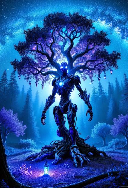 In the heart of a mystical forest, a lone sentinel stands watchful beneath the boughs of an ancient, gnarled tree. The humanoid robot, forged from dark metallic hues and glowing blue accents, sits with an air of quiet contemplation, its head tilted back to marvel at the celestial ballet unfolding above. Fireflies, like tiny lanterns, dance across the twilight sky, their soft luminescence casting an ethereal glow upon the surrounding foliage. As the last rays of sunlight fade, the ambient light shifts, embracing a palette of deep blues and purples, imbuing the atmosphere, <lora:Flux_Turbo_Alpha.safetensors:1.0> <lora:ArcaneFGTNR.safetensors:0.8> ArcaneFGTNR arcane style <lora:aidmaFLUXpro1.1-FLUX-V0.2.safetensors:0.7> aidmafluxpro1.1