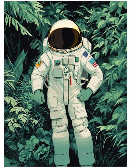 Slight retro color, flat, grainy, riso print style, illustration,  low saturation,
"Astronaut in a Jungle" by Syd Mead, cold color palette, muted colors, detailed, 8k