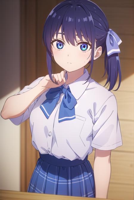 nagisaminase, <lora:nagisa minase s2-lora-nochekaiser:1>,
nagisa minase, bangs, blue eyes, blue hair, hair ribbon, side ponytail,
BREAK skirt, shirt, bow, school uniform, white shirt, short sleeves, pleated skirt, bowtie, blue skirt, 
BREAK indoors, classroom,
BREAK looking at viewer, (cowboy shot:1.5),
BREAK <lyco:GoodHands-beta2:1>, (masterpiece:1.2), best quality, high resolution, unity 8k wallpaper, (illustration:0.8), (beautiful detailed eyes:1.6), extremely detailed face, perfect lighting, extremely detailed CG, (perfect hands, perfect anatomy),