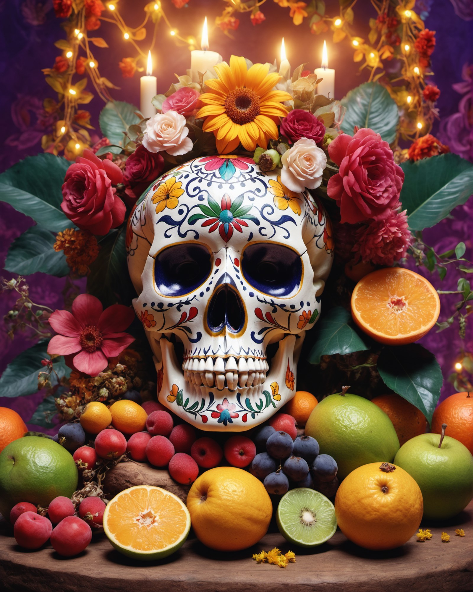 stunning still-life photo render of a Mexican Skull Calavera, surrounded by poetic ornamental elements such as fruits, flo...