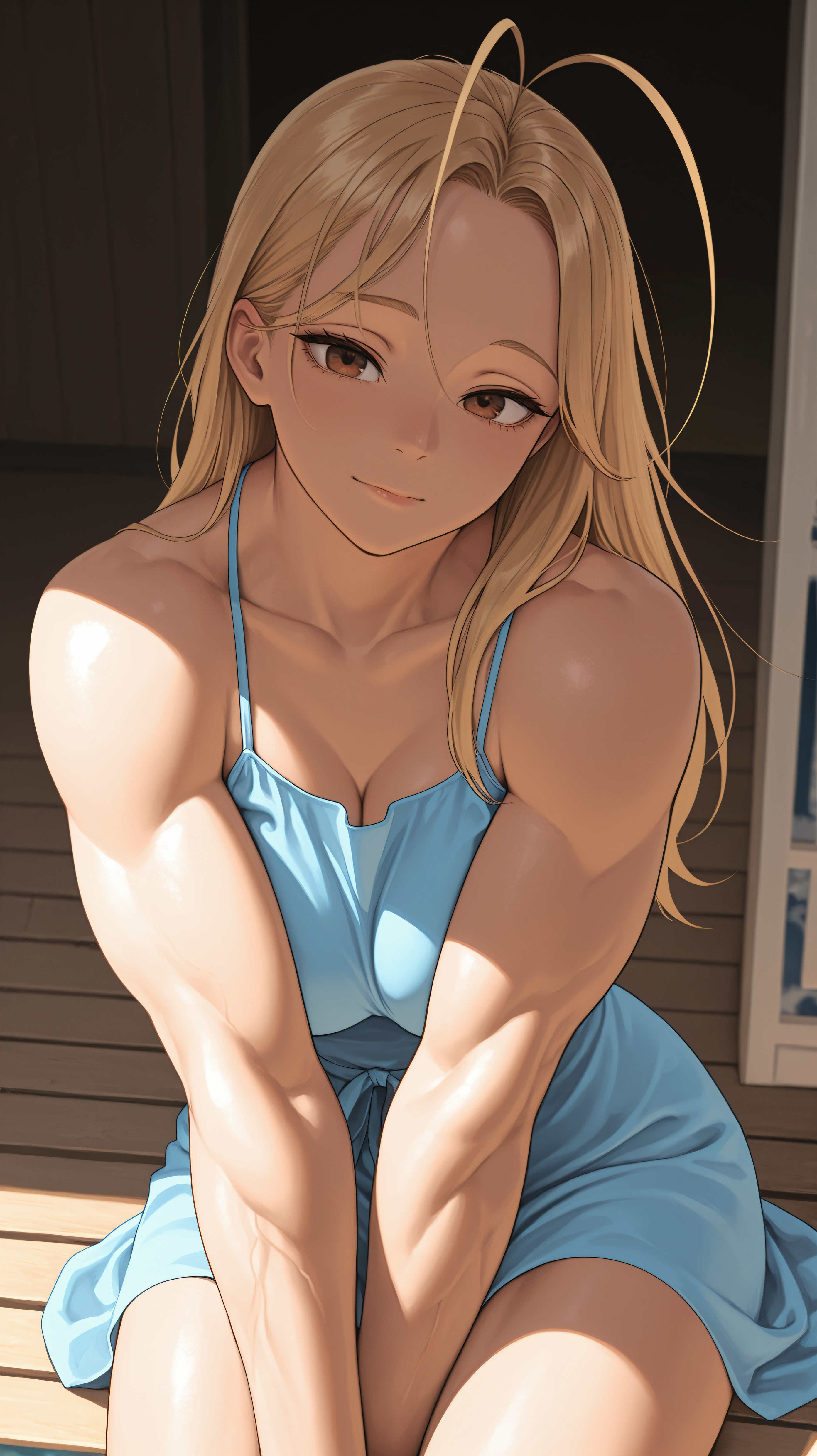 A woman with brown eyes, long blonde hair, and a gentle smile sitting on a wooden porch and leaning forward with her hands between her knees. She has a muscular build, and is wearing a light blue sundress with thin spaghetti straps. The background shows the wooden planks of the porch floor and the dark interior wall of a house.